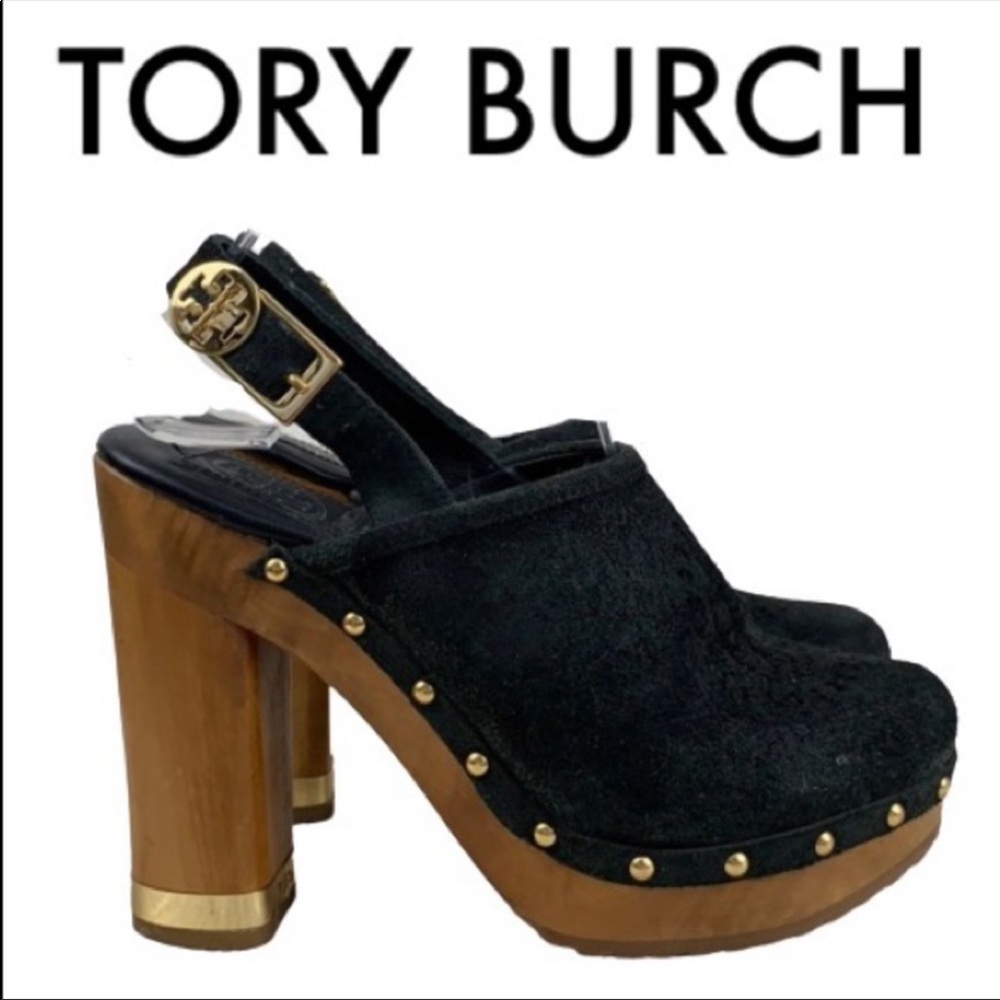 TORY BURCH BLACK TAN GOLD CLOG HEELS SIZE 5.5 M